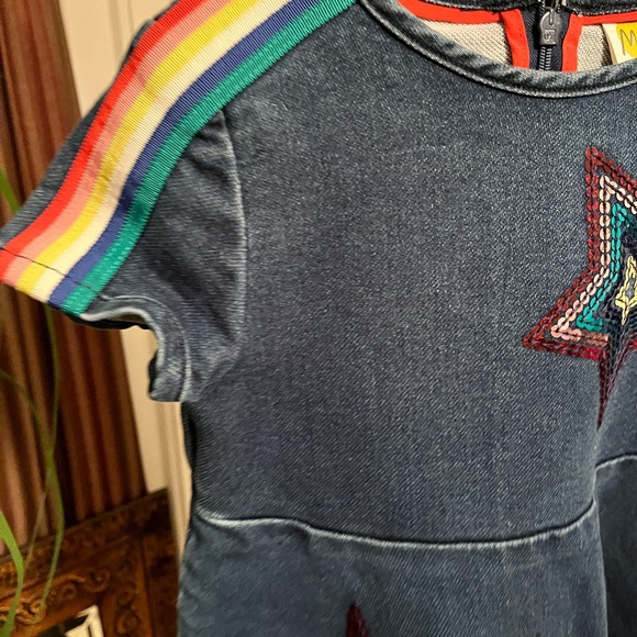 MINI BODEN PRE-LOVED AUTHENTIC DENIM RAINBOW TRIM & SEQUIN DESIGN SWING DRESS - Picture 8 of 17
